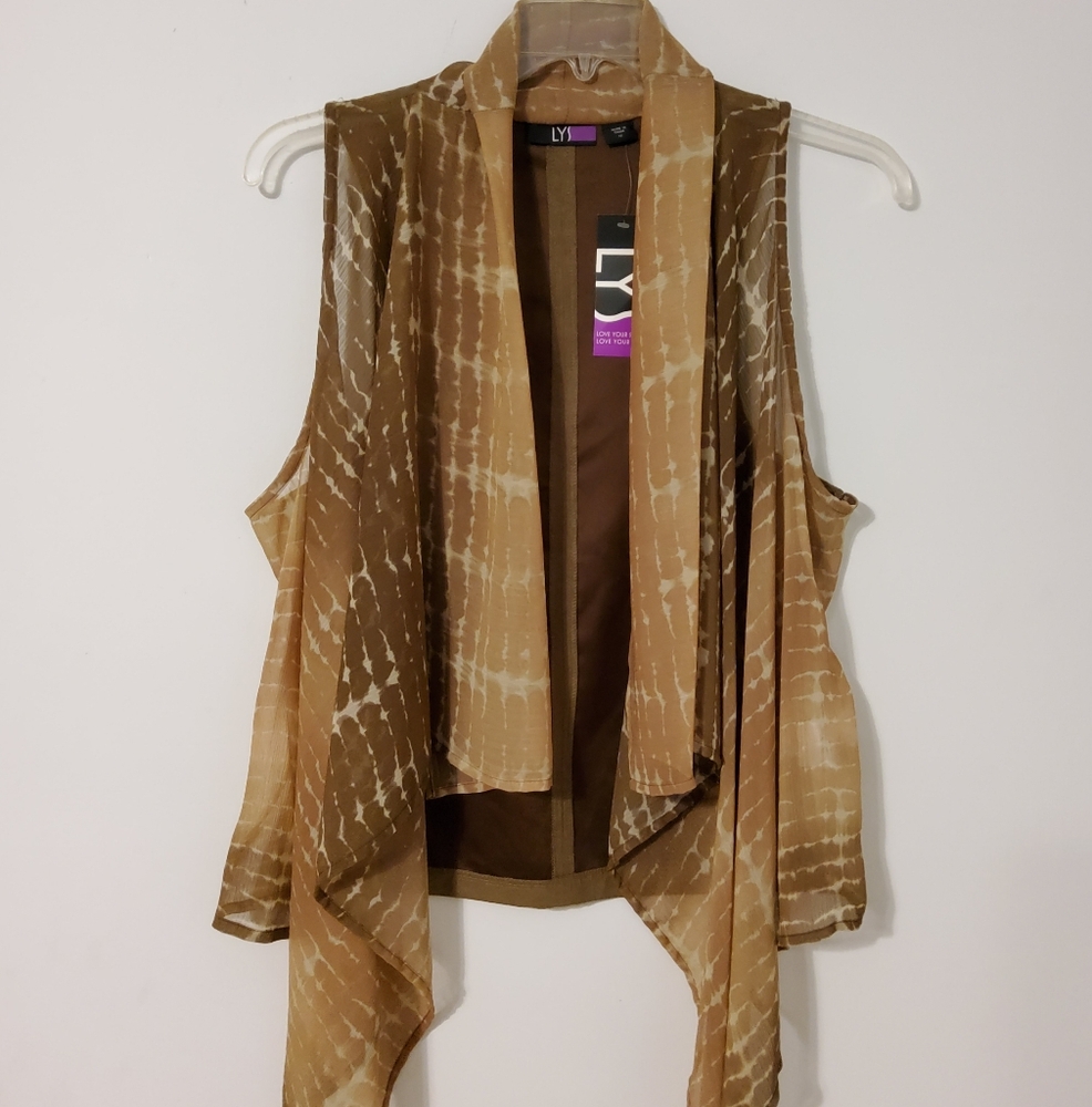 Brown and Tan Sleeveless Open Front Chiffon Vest - Picture 2 of 8